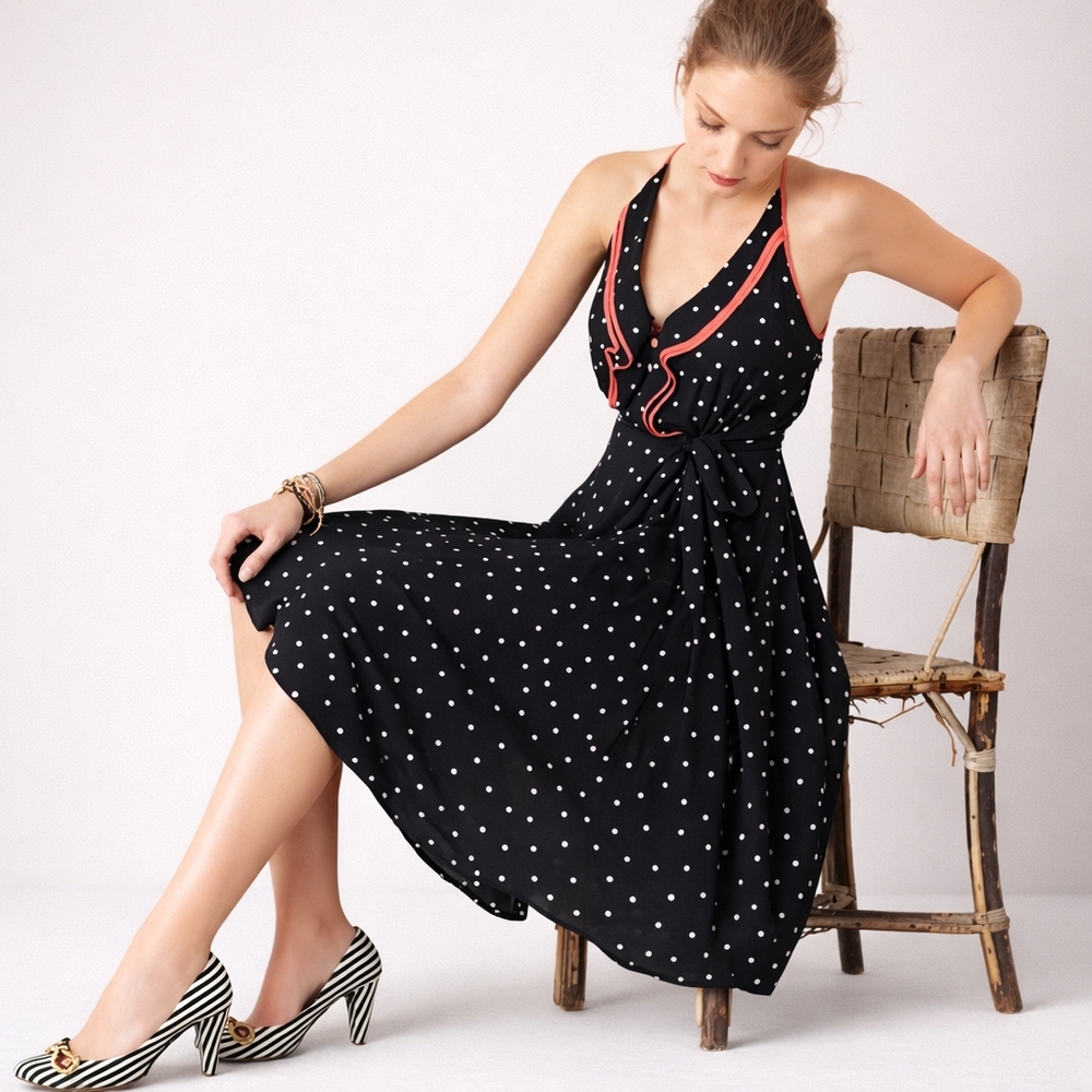 Girls From Savoy Black Polka Dot Silk Dress Coral Trim Size 2 Halter Midi